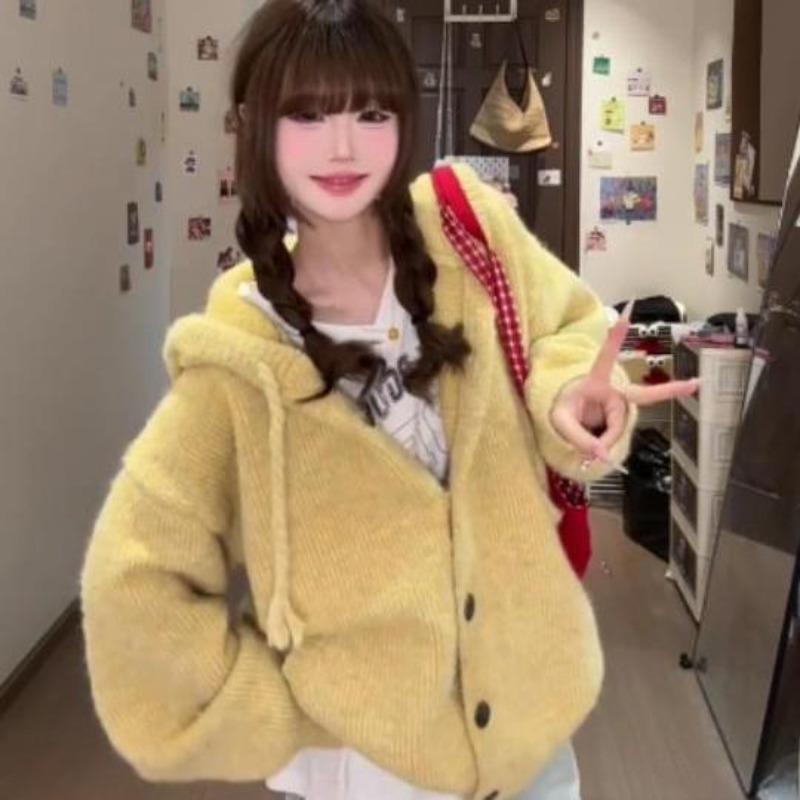 Women's top hooded autumn soft waxy yellow knitted cardigan women wear loose lazy sweater jacket