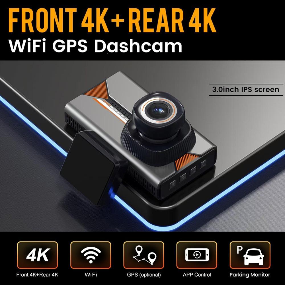 Black with Silver orange Accents 4K 4K Dashcam 4k Dual Lens Dashcam WiFi GPS Camera Dual 4K Ultra HD Recording
