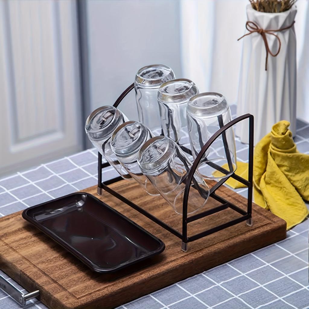 6-Hook Metal Cup Holder with Drip Tray - Sleek Black Mug Organizer for Kitchen Countertop, Space-Saving Glass Rack with Storage