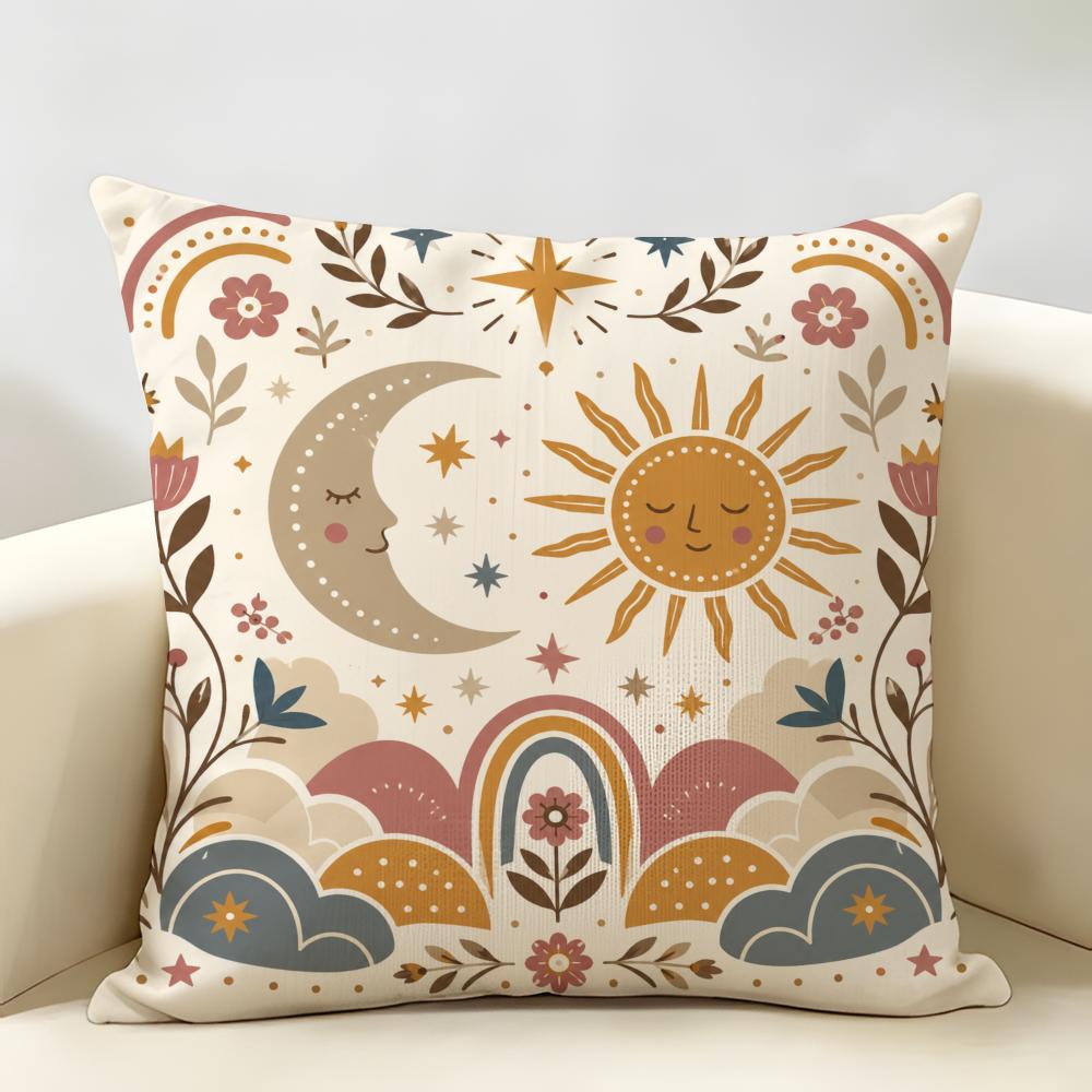 Boho Folk Art Sun Mountain Cushion Cover Natural Linen Organic Fabric Double-Sided Printing Breathable Perfect For Home Decor