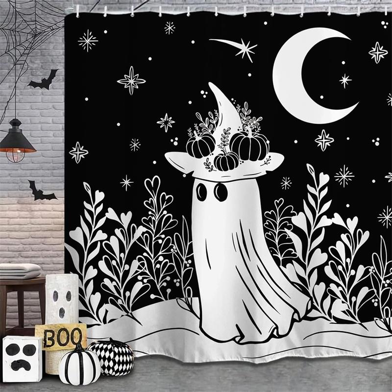 Halloween Shower Curtain Funny Spooky Pumpkin Skull Bat Flower Plant Night Forest Bath Curtains Home Bathroom Decor with Hooks