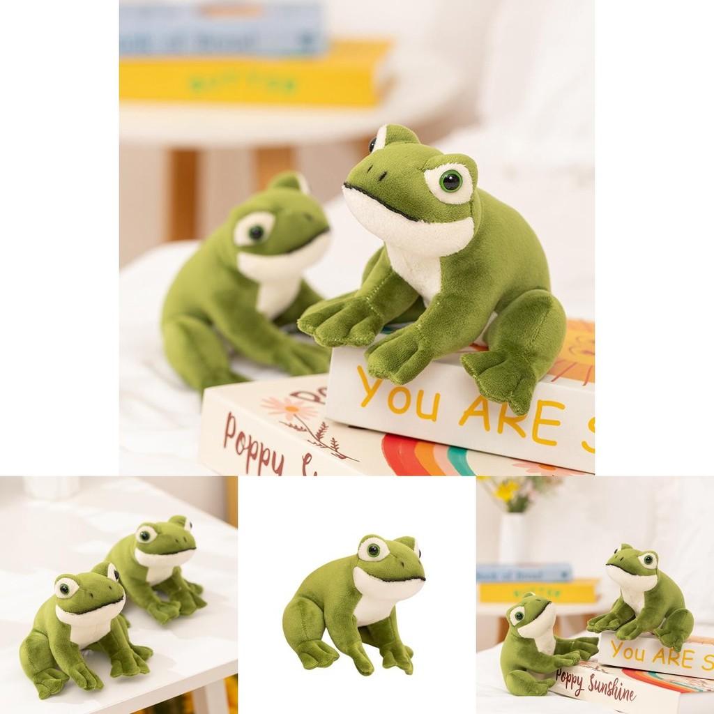 Pluche kikker in zittende positie met grote ogen, ideaal als cadeau en decoratie voor kinderen.