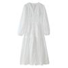 V-neck Patchwork Lace Hollow Out Long Sleeve Waist-Cinching Dress for Women