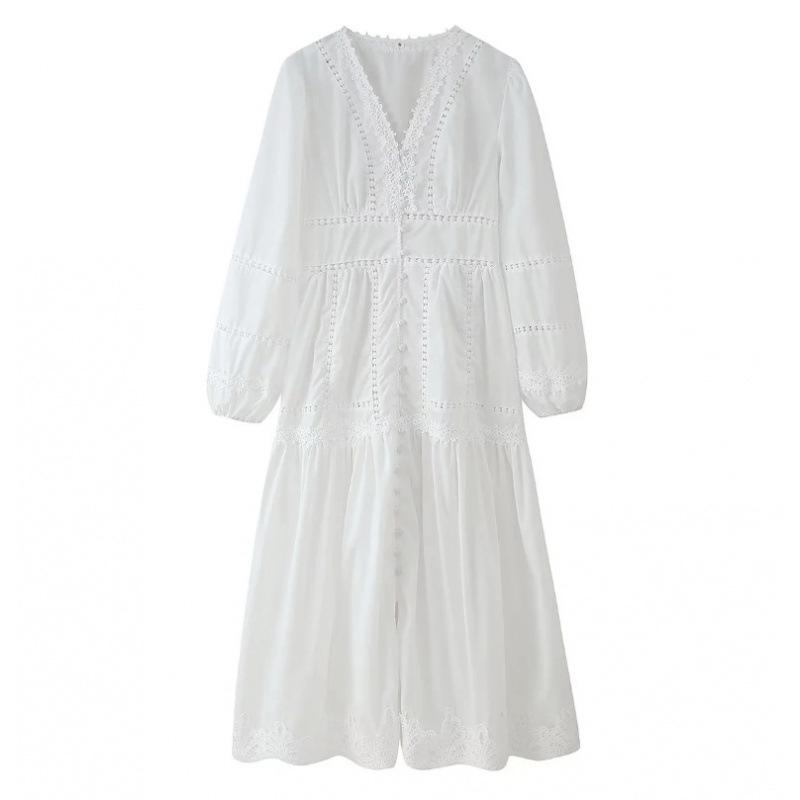 V-neck Patchwork Lace Hollow Out Long Sleeve Waist-Cinching Dress for Women