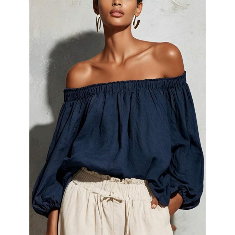 Camicia Casual da Donna S a Spalle Scoperte con Maniche a Lanterna Lunghe e Colore Unito