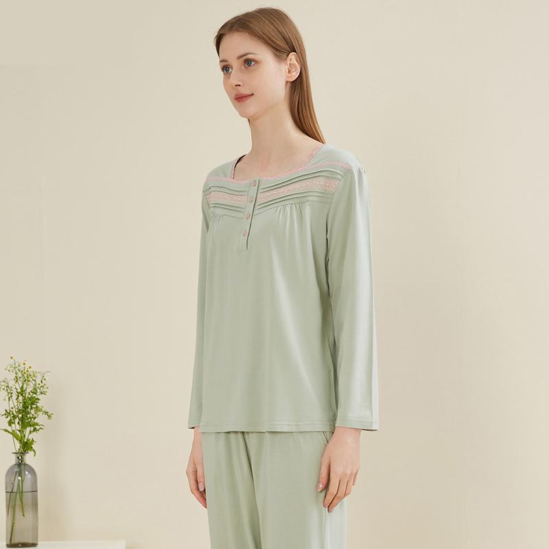 Square Collar Modal Cotton Pajamas Set Women's Elegant Casual Pajamas Autumn Long-sleeved Pants Two-piece Home Wear Set