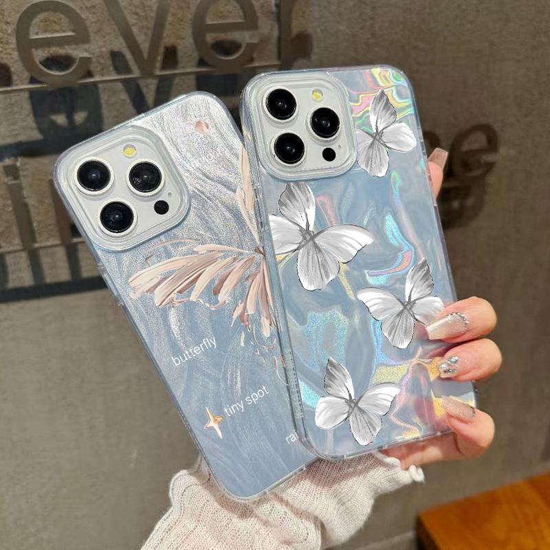Carcasă de telefon subțire cu imprimeu de fluturi în culori solide, cu margini moi, pentru iPhone 16 Pro 15 Pro Max 14 13 12 11, cu sclipici, cu pene, rezistentă la șocuri, din PC rigid
