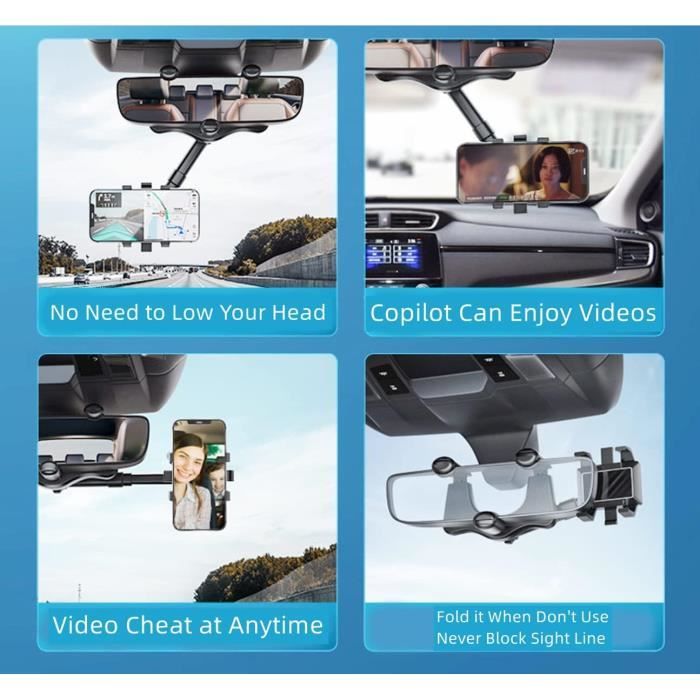 Support de téléphone - Rétroviseur - Réglable - Rotatif 360° - Portable