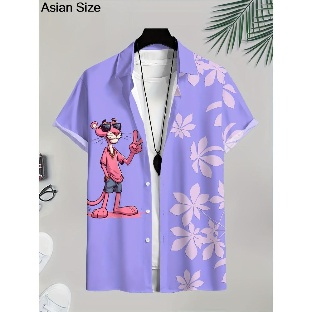 Cartoon Leopard Grafik Herren Kurzarm Hemd mit Kragen Oberteile Unisex Rosa Knopfleiste Hawaiian Hemden Sommer Täglich Damen Blusen