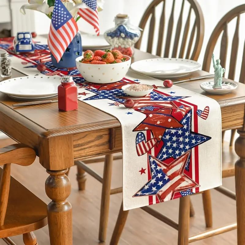 Independence Day Heart Star Table Runner 13x60 Inch , Linen 4th of July Patriotic Red and Blue Table Runners for Table Dinning Kitchen Party Holiday