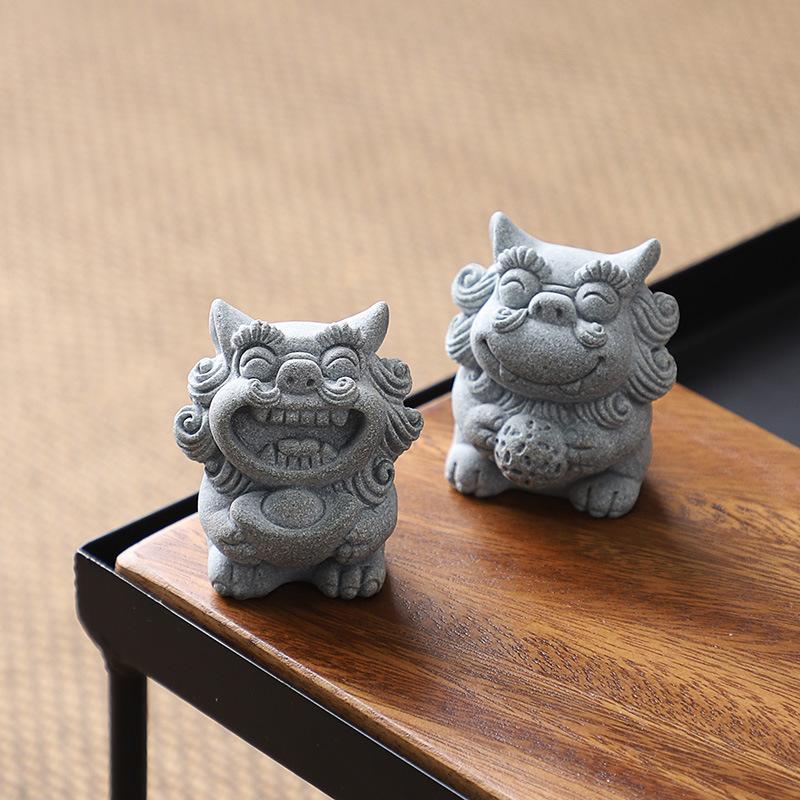 A Pair Lucky Stone Lion Statuette Bluestone Carving Chinese Mascot Home Room Office Potted Fish Tank Ornaments High Quality Gift