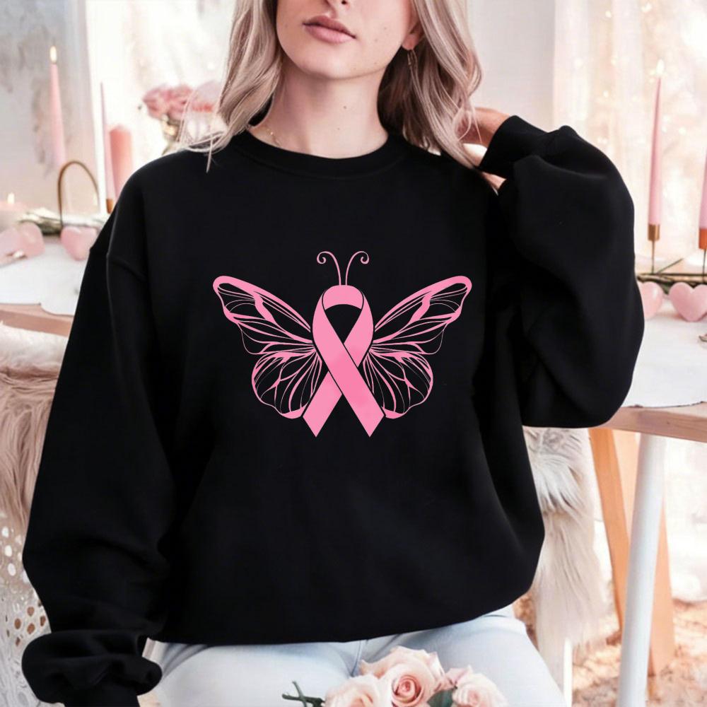 Pink Ribbon Outline Butterfly Crewneck Sweatshirt Women Breast Cancer Awareness Minimal Graphic Casual Ladies Pullover Sweat Top