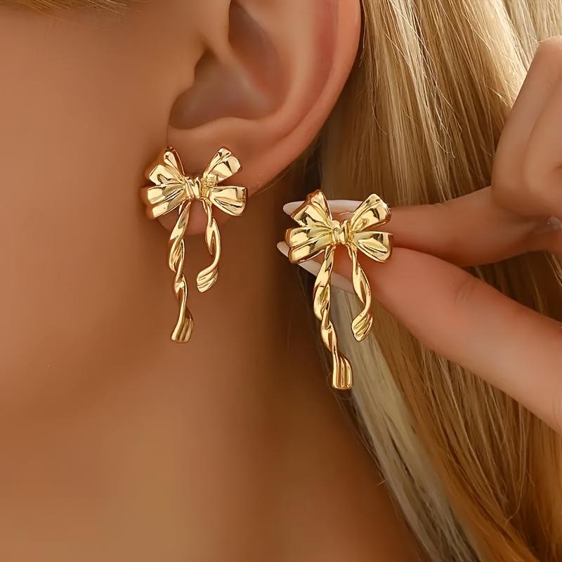 Golden Bow Statement Earrings Trendsetting  Stud Ear Accessories