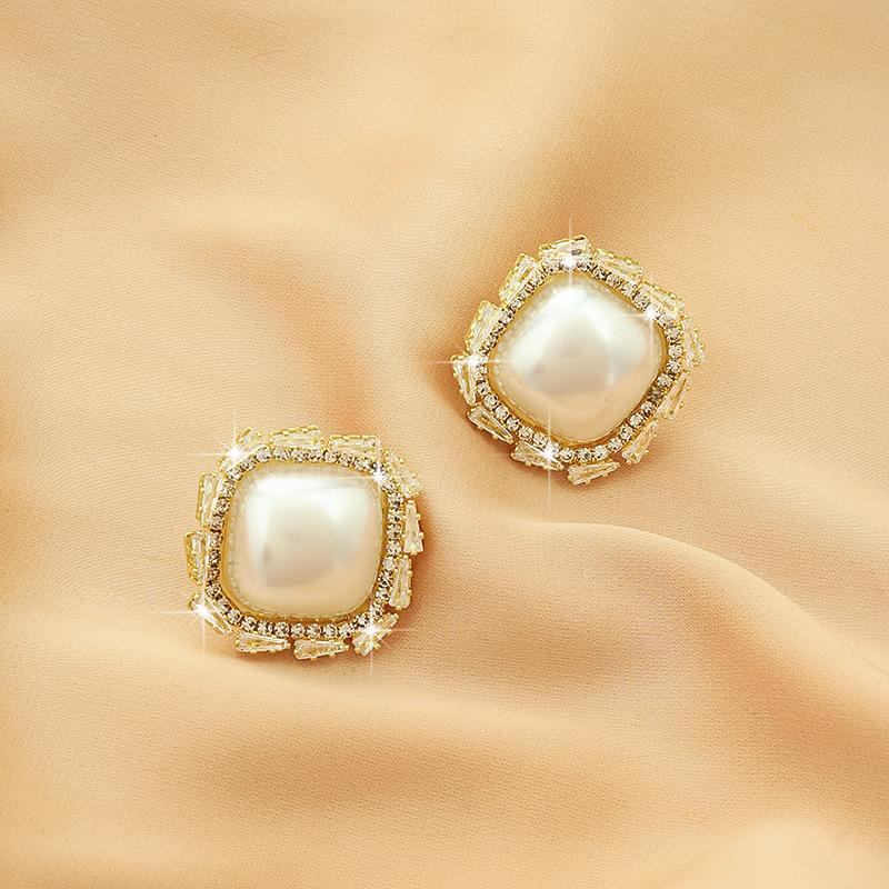 S Silver Needle Diamond Pearl Square Stud Earrings Vintage Trend Earrings Earrings