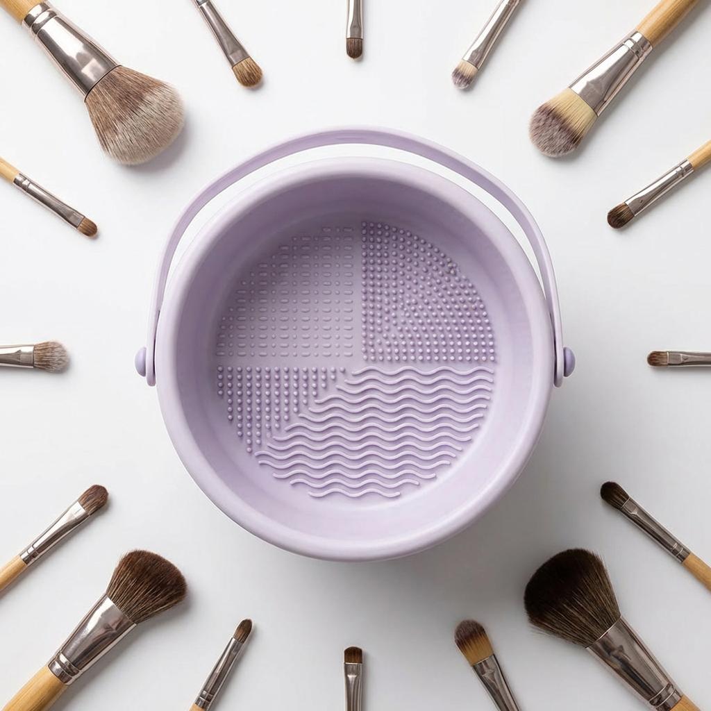 Makeup Brush Cleaning Bucket Portable with Built-in Silicone Scrubber Multi-Textured Surface TPR+PP Material for Beauty