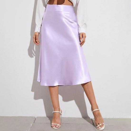 Women Midi Skirt High Waist Satin-Like Shiny Skirt Solid Color