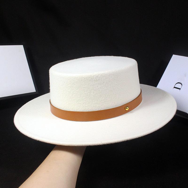 New white woolen top hat for women, British versatile flat top big eaves hat for children, autumn and winter trendy men