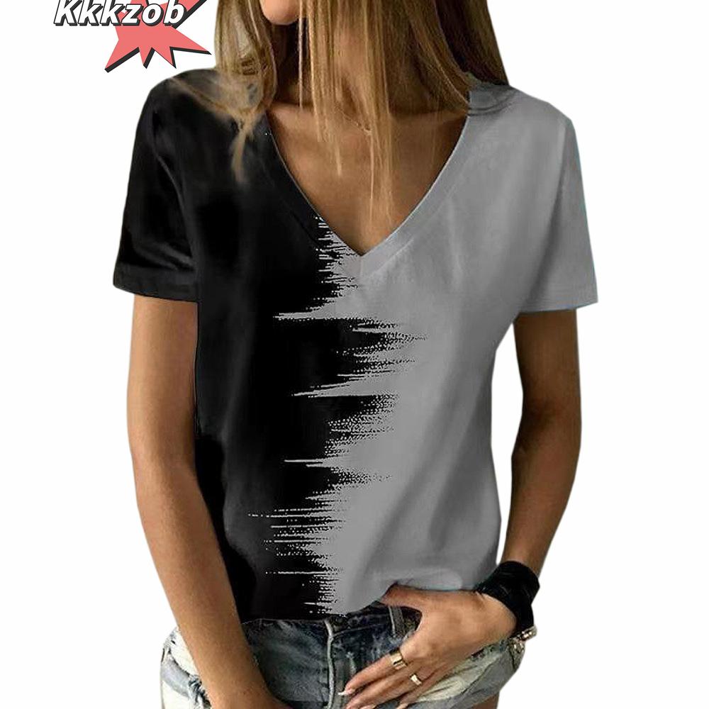 

Женская футболка однотонная с градиентом и 3D-печатью, с V-образным вырезом, женские топы, летняя женская повседневная мода, свободная, с короткими рукавами 5XL