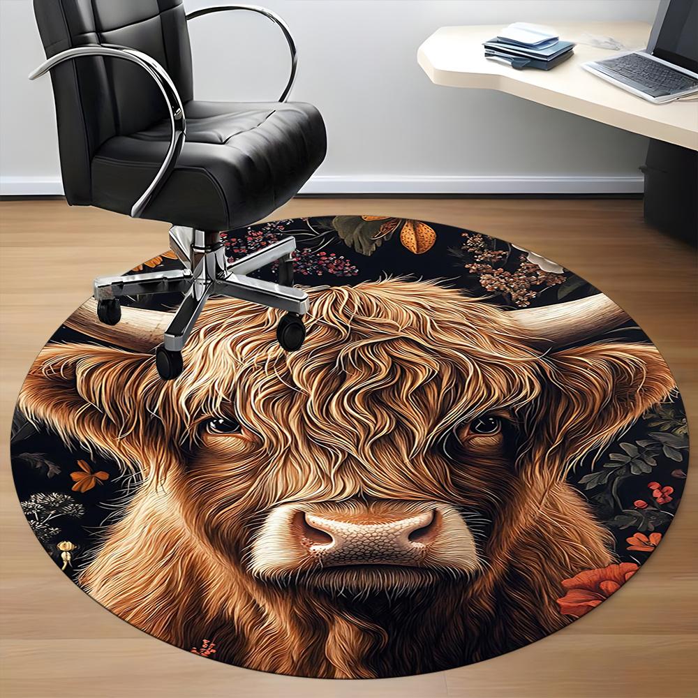 1PC Highland Cow Floral Office Round Area Rug, Indoor Mat Suitable ForOffice, Under Office Chairs Bedroom Living Room Home Decor, Room Deco G015