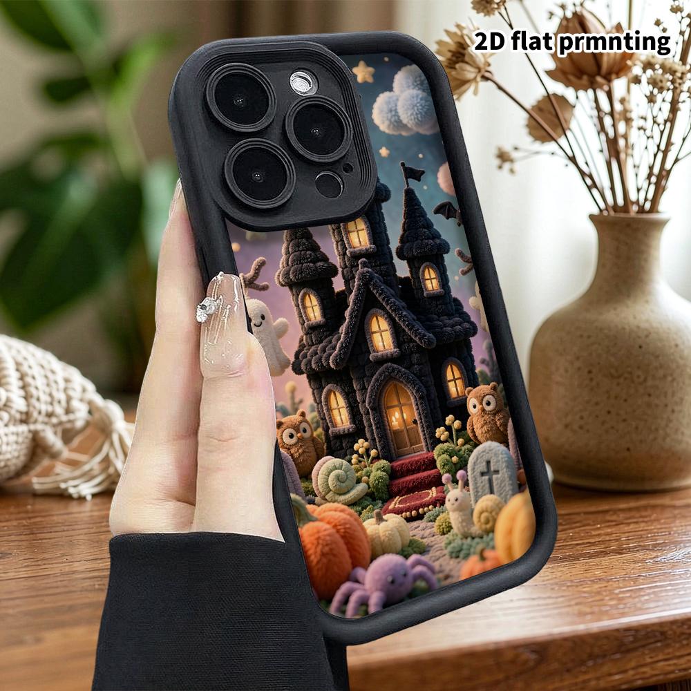 Phone Case: 2D flat design suitable for iPhone 18 17 16 15 14 13 Pro protective case, Halloween small castle, perfect holiday gift for Christmas and H