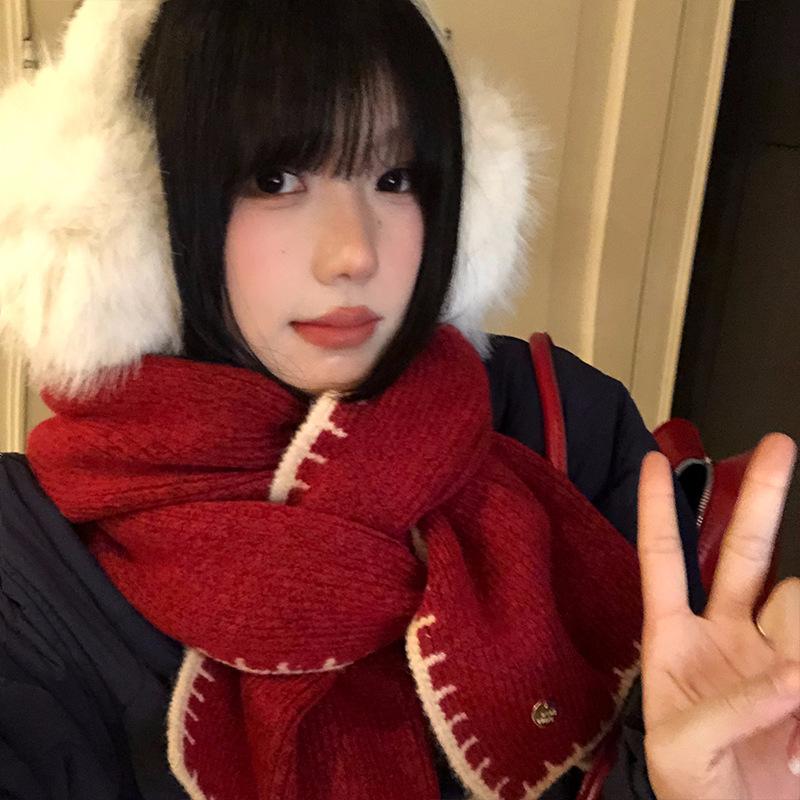 New Year s Red Overlock Knitted Scarf Women s Blue New Winter High End Warm and Cold Proof Atmosphere Scarf 165*30cm