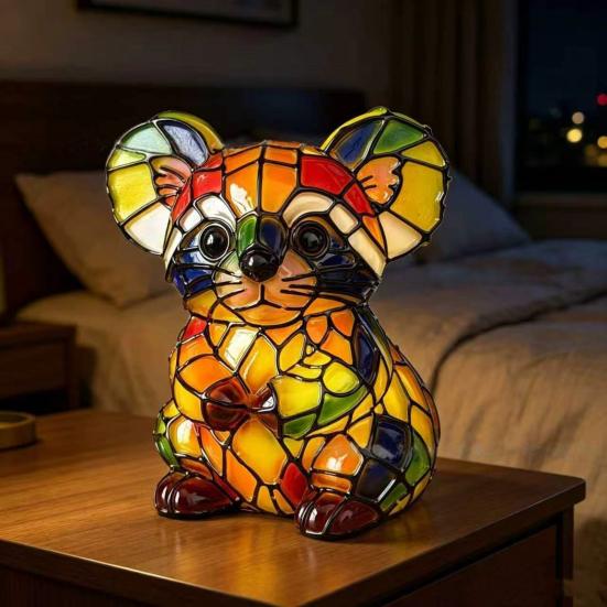 Rainbow Stained Glass Animal Night Light, USB Powered Retro Highland Cow/Koala/Squirrel Resin Lamp for Bedroom, Desk, Home Decor