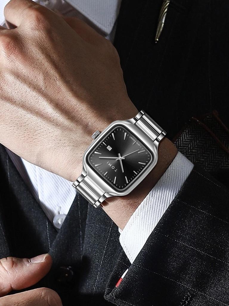 Men Square Quartz Watch Stainless Steel Strap Classic Fashion Wristwatch Gift Set