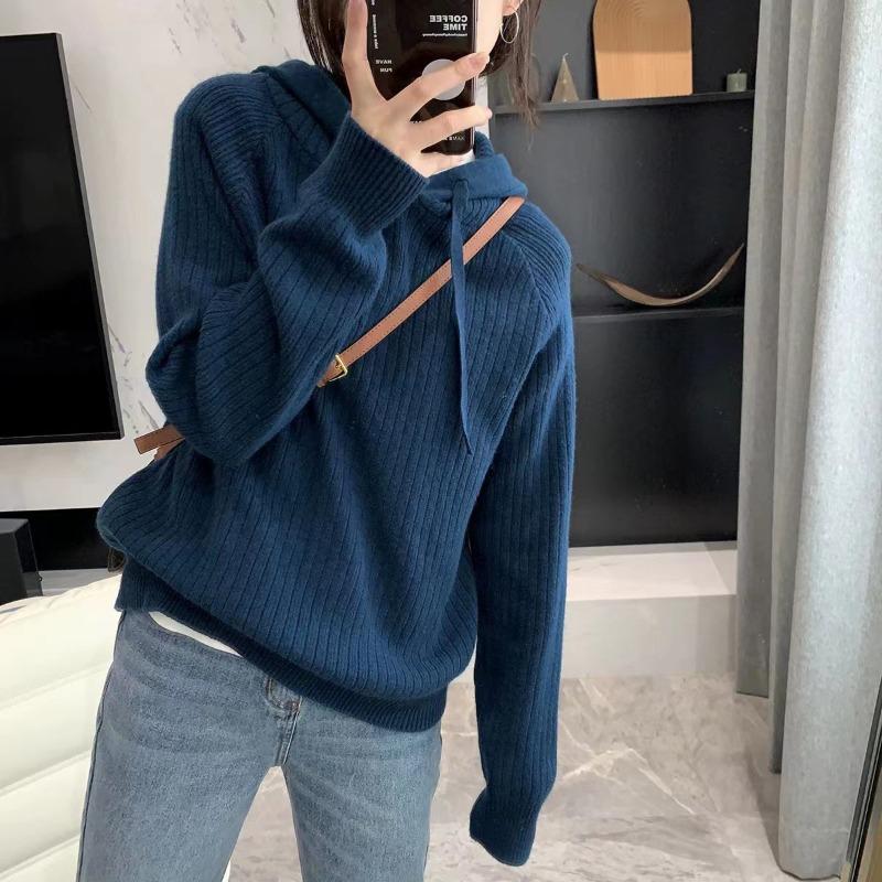 Hooded Pit Strip Pullover Sweater Women's Lazy Casual Soft Waxy and Thin Autumn and Winter New Loose Knitted Sweater