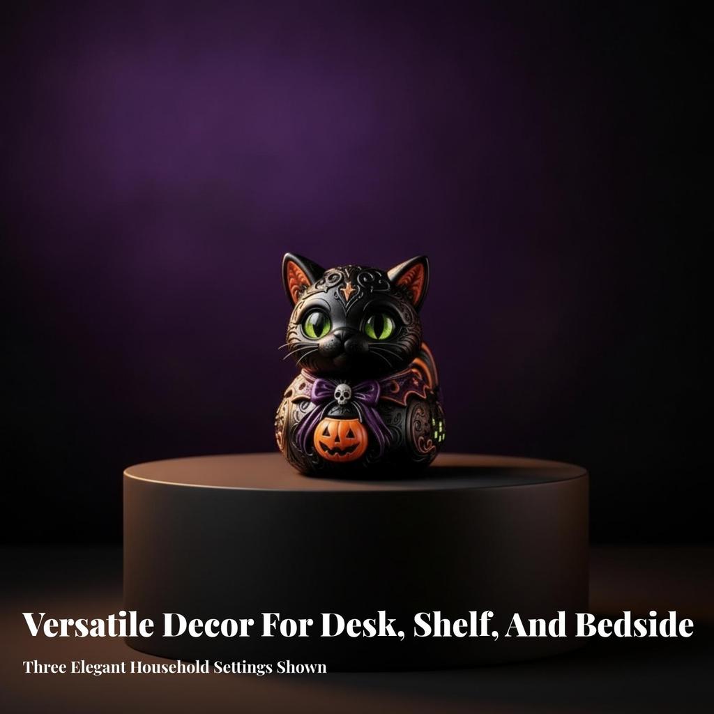 Cat Figurine with Jack-O'-Lantern Playful Pumpkin Decoration Gothic for Desks