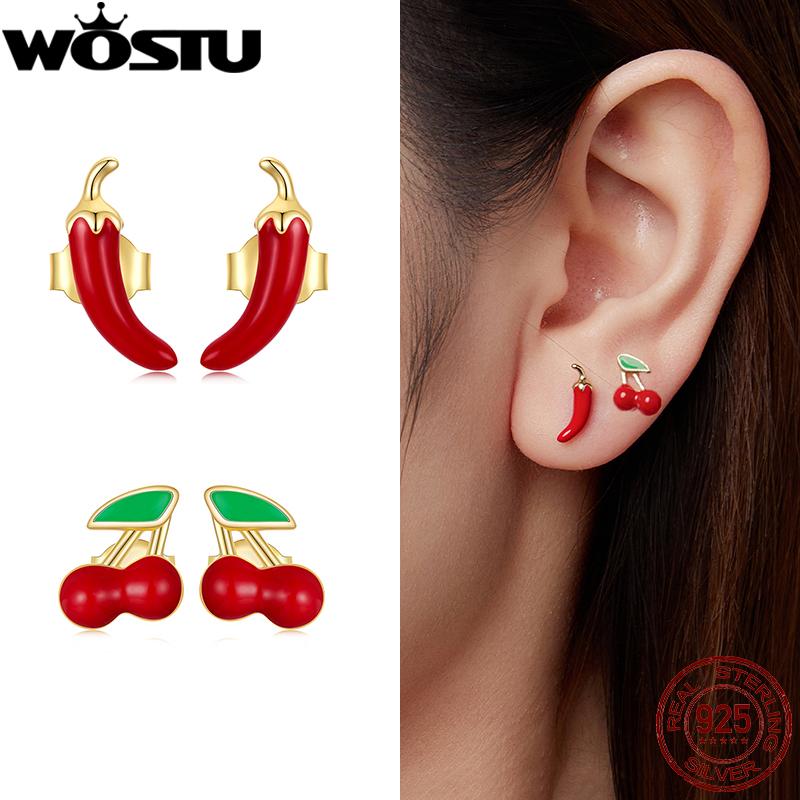 WOSTU 925 Sterling Silver 18K Gold Red Chili Pepper Earrings Cute Cherry Ear Studs For Women Happy Emoji Holiday Jewelry Gift