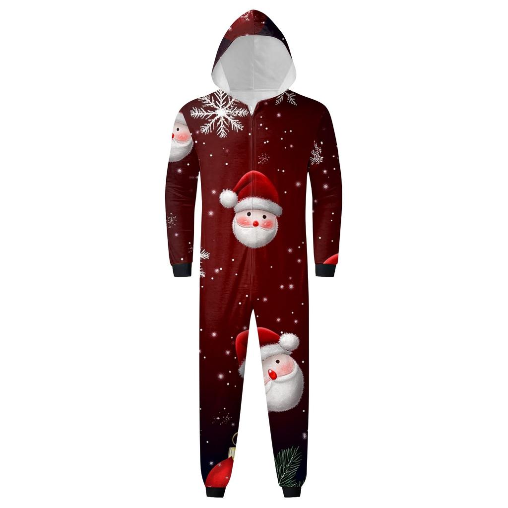 Christmas Print Parent-Child Outfit Hooded Zipper One-Piece Fashionable Home Suit Set