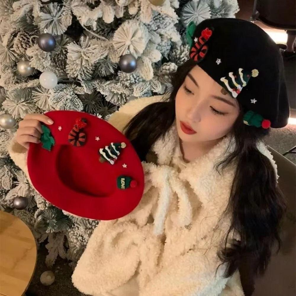 Sweet Christmas Beret Hat Red Green Xmas Painter Hat Fashion Christmas Beret Cap  Girls