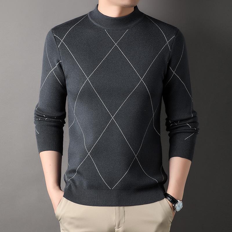 Men's 2025 Autumn/Winter Diamond Jacquard Knit Sweater - Round Neck, Long Sleeve