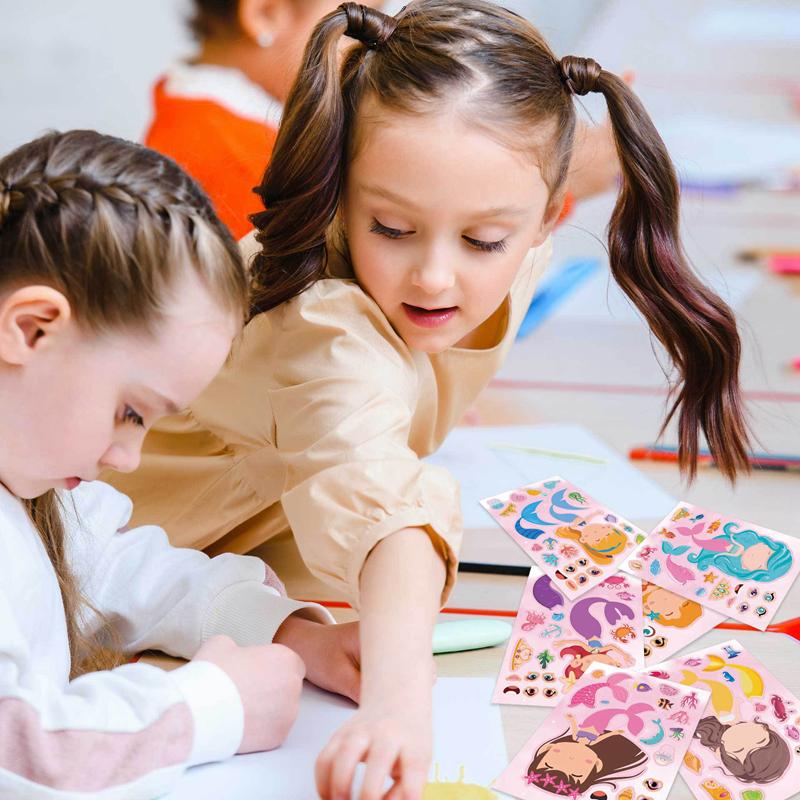 6/12/24 Sheets Little Mermaid DIY Puzzle Stickers Funny Make A Face Assemble Sticker Kids Birthday Party Favors Pinata Filler