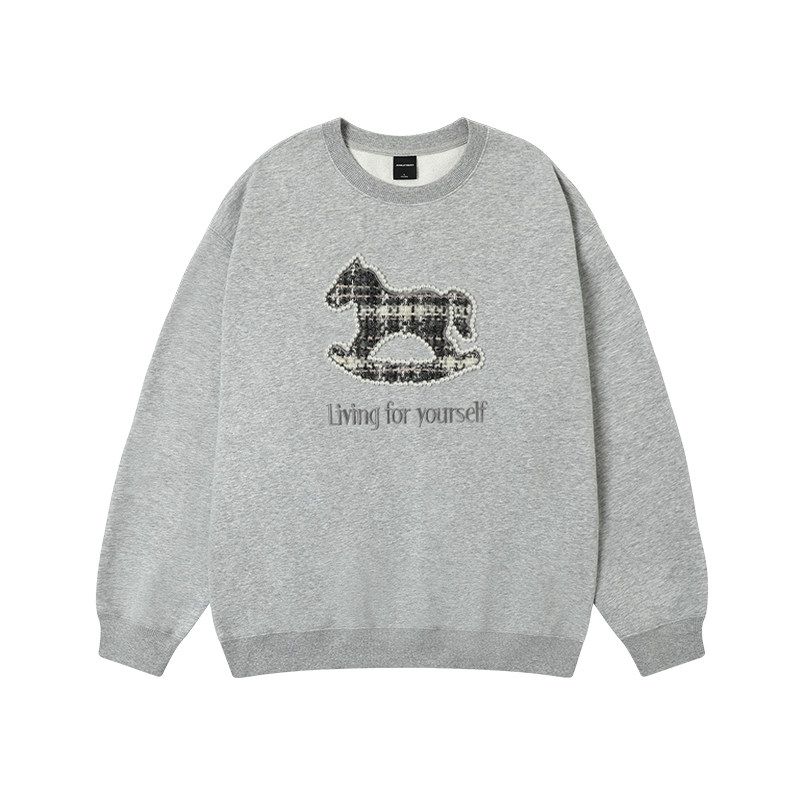 Jungle Tiger Vintage Patch Embroidery Pony Crew Neck Sweatshirt for Women 2026 Zodiac Year Heavy Beaded Loose Top for Men