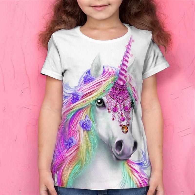 Mädchen T-Shirt mit 3D-Tier Einhorn Kurzarm 3D-Druck Sommer Frühling Aktiv Mode Niedlich Kinder 3-12 Jahre Outdoor Täglich Normale Passform
