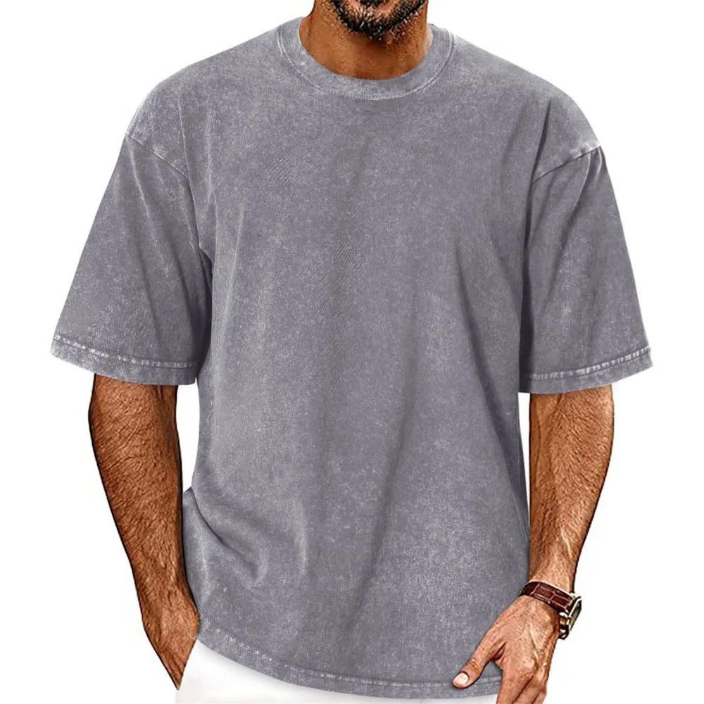 Men's Vintage Washed T-shirt Cotton Breathable Oversize Casual Tops Solid Color Male Loose Fit Cozy Tees Fashion Streetwear