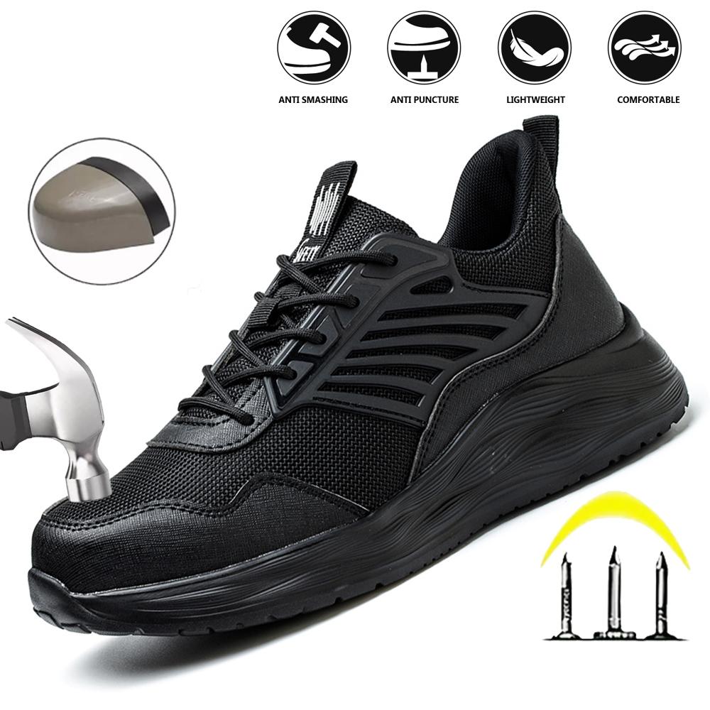 Men's Steel Toe Safety Shoes Anti-Crush And Piercing Fashion Pure Black Work Shoes for Comfort And Protection