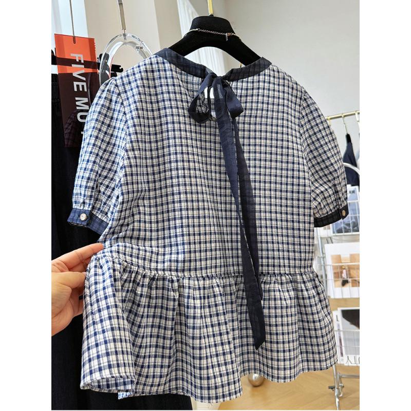 2025 Sommer Koreanisches Leichter Luxus Retro Karomuster Rundhalsausschnitt Kurzarm Locker Puppenoberteil für Damen