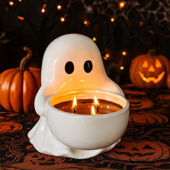 Halloweenský svícen duch Malý svícen na čajovou svíčku duch pro vonné svíčky Roztomilá pryskyřičná miska na cukroví pro domácí stolní dekoraci