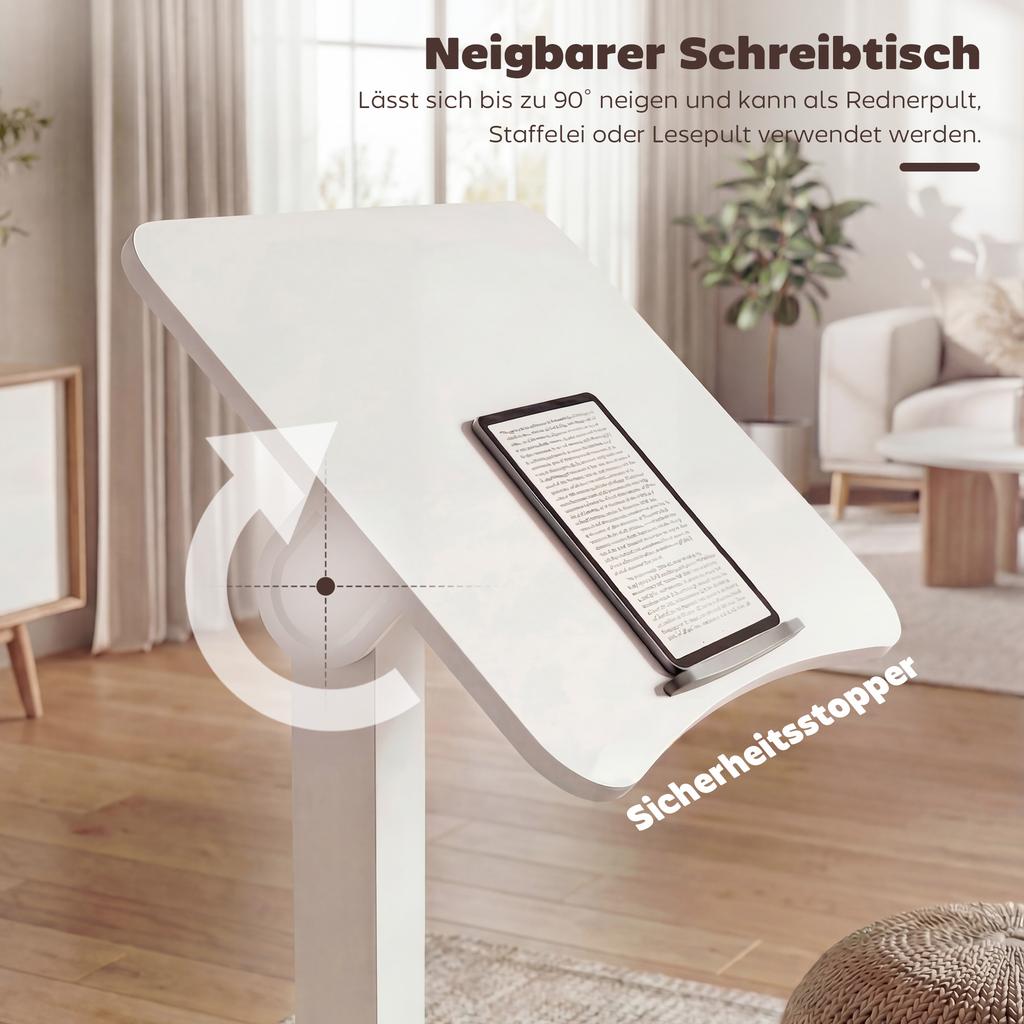 Height-Adjustable Standing Desk, Rolling Desk with Tiltable Tabletop, Safety Stopper, Wheels, White