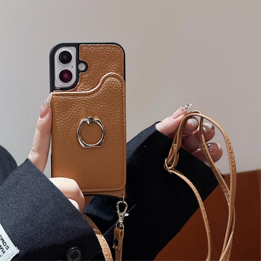 Crossbody Rope Ring Stand Phone Case for IPhone 16 15 14 13 12 11 Pro Max X XR 7 8 Plus Leather Wallet with Card Holder Cover