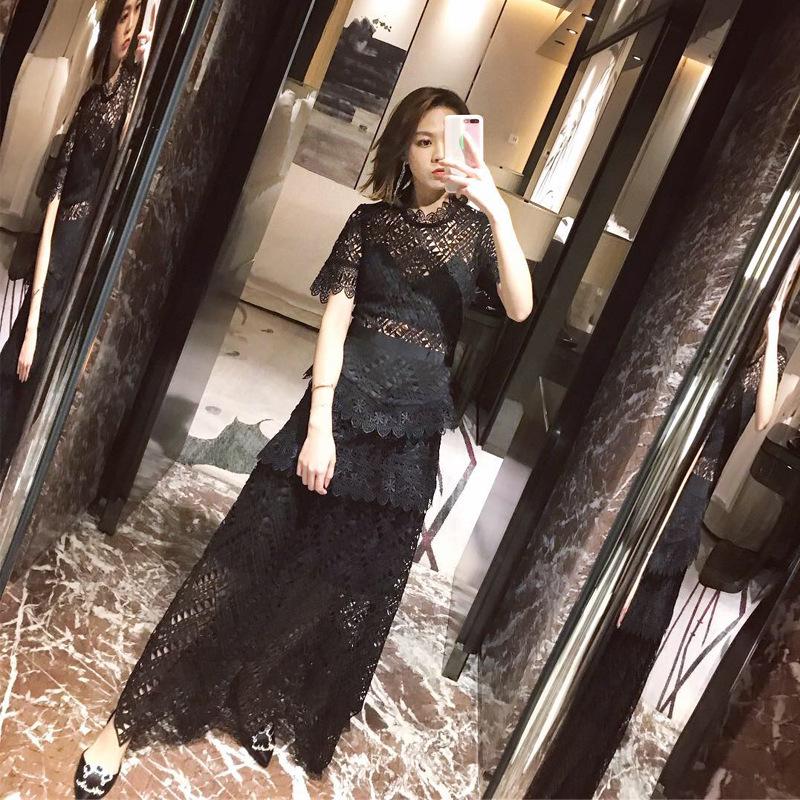 Black Retro Lace Embroidered High Waist Maxi Dress