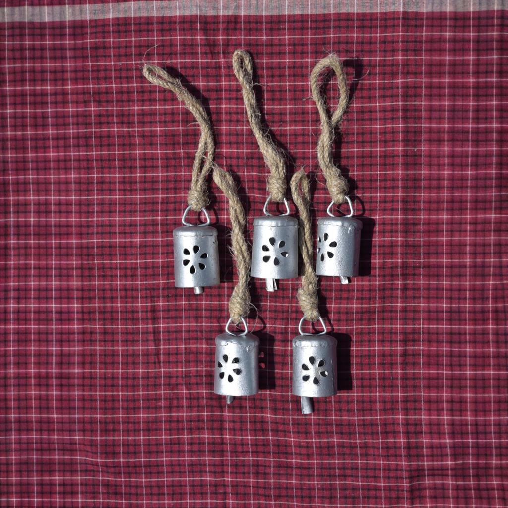 Small Hanging Tin Jingle Bells with Jute Rope for Crafts, Rustic Christmas Decorations, Witch Cow Bells, Silver, Pack of 10