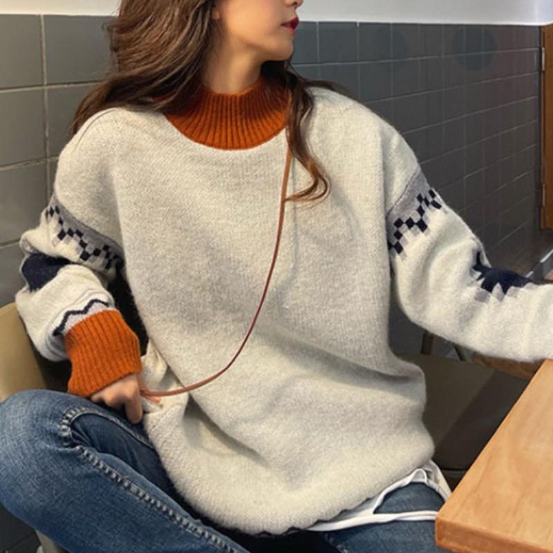 

Осень и зима новый свободный ленивый стиль чувство дизайна контрастный цвет вязаный свитер длинный рукав пуловер свитер с круглым вырезом женский абрикосовый
