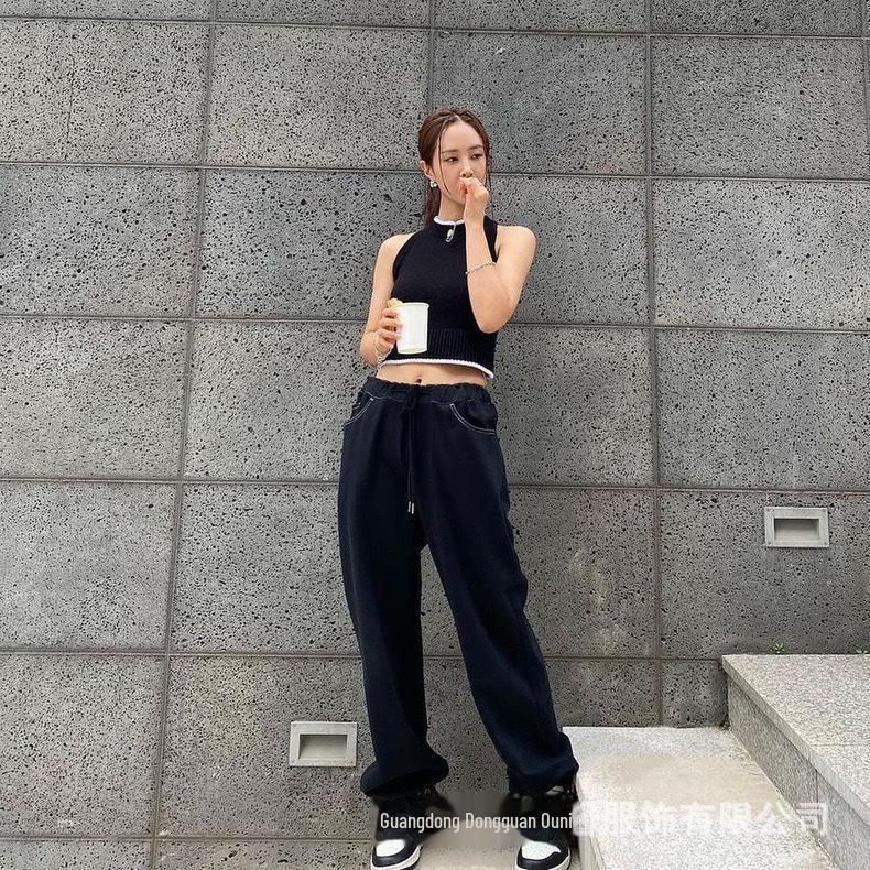 Korean High Waist Drawstring Sweatpants for Women - Casual Loose-Fit Streetwear Straight Trousers