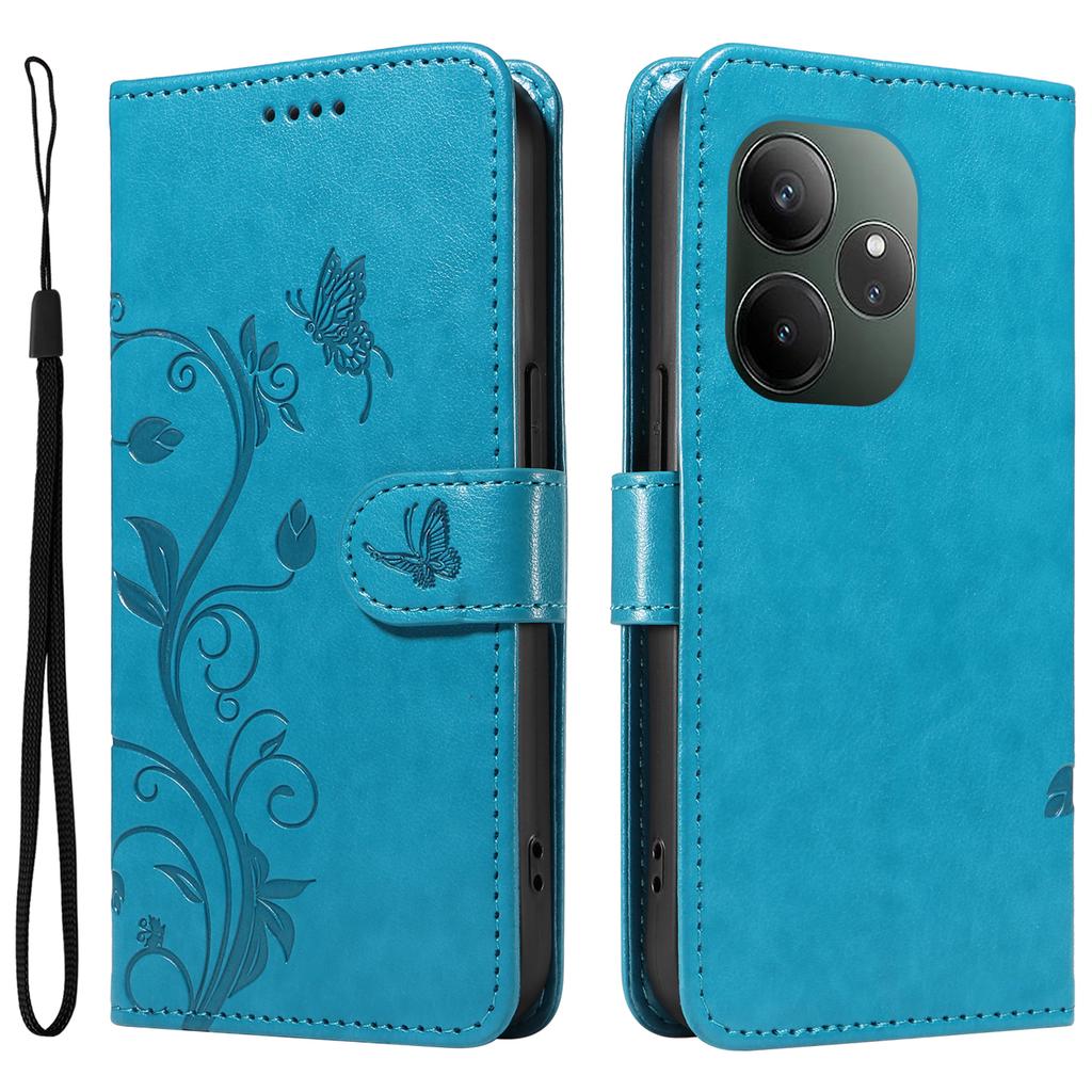 For Realme GT 6 5G PU Leather Cases Flower Pattern Wallet Stand Phone Cover with Strap