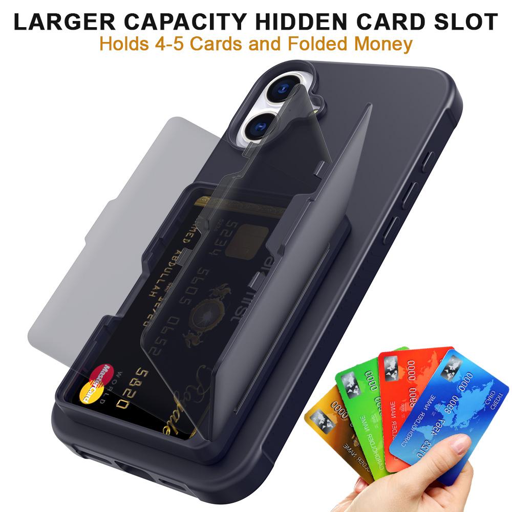 For iPhone 16 Plus Case with Card Holder/Mirror/Kickstand TPU + PC Phone Back Cover