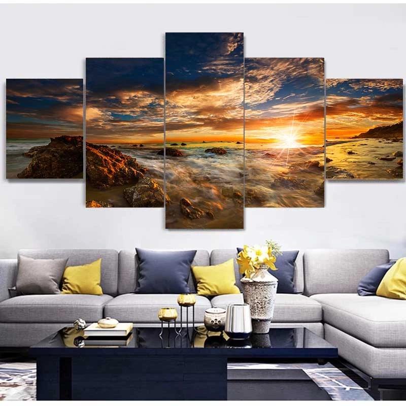 5 Pieces Natural Blue Beach Sunset Landscape Canvas Painting Seascape Posters And Prints Wall Art Pictures Home Decor No Frame
