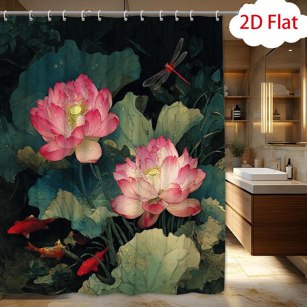 One Piece of a 2D Flat Shower Curtain Featuring a Nature Theme with a Watercolor Design of Pink Blooming Lotus Flowers, Lotus 90x180cm